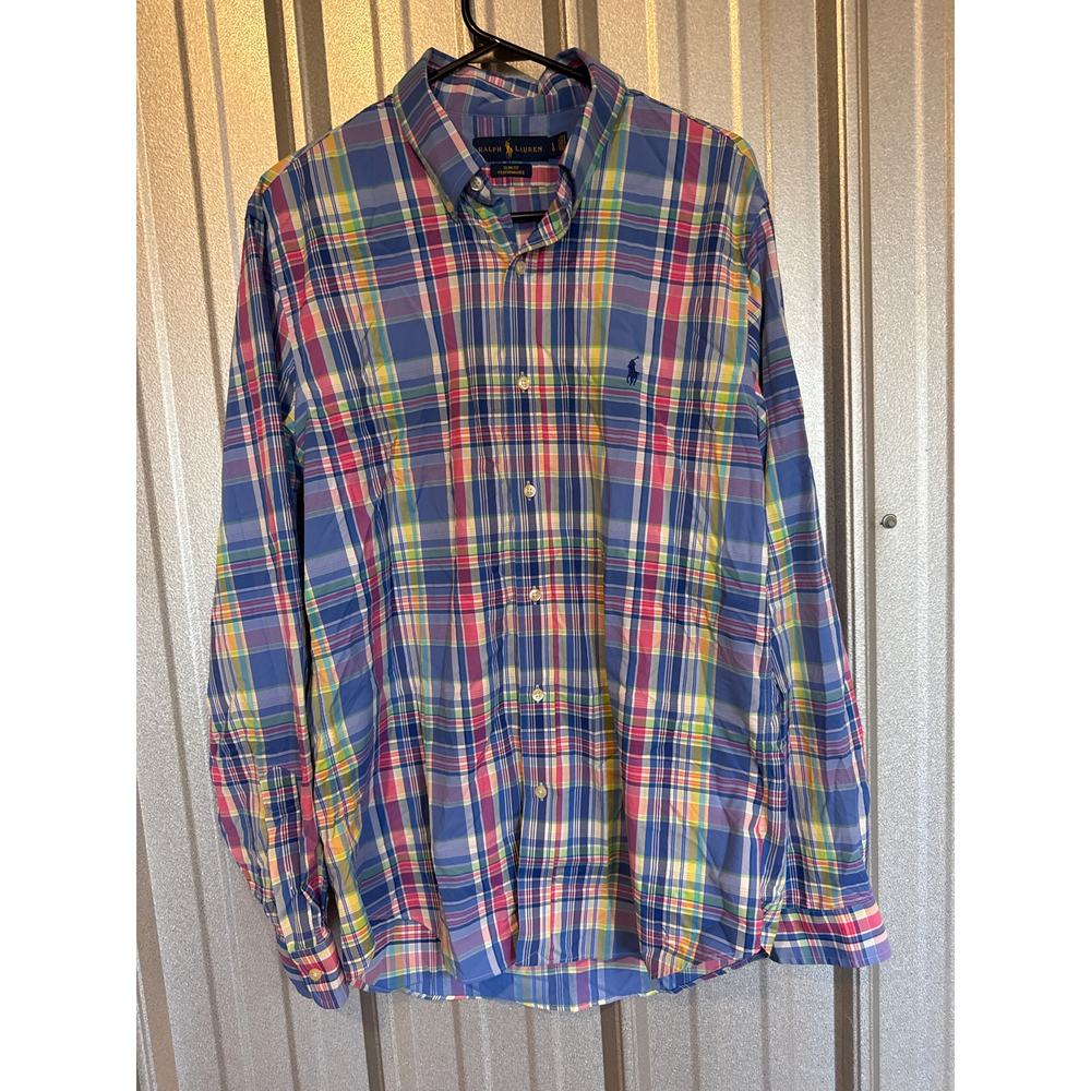 Polo Ralph Lauren Blue Long Sleeve Performance Slim Fit Stretch Shirt‎ Sz Large